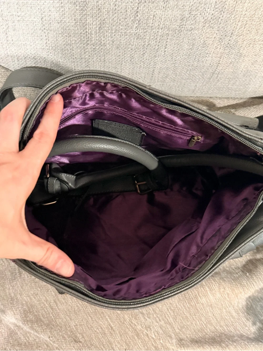 Gray Leather Shoulder Bag with Gold Hardware